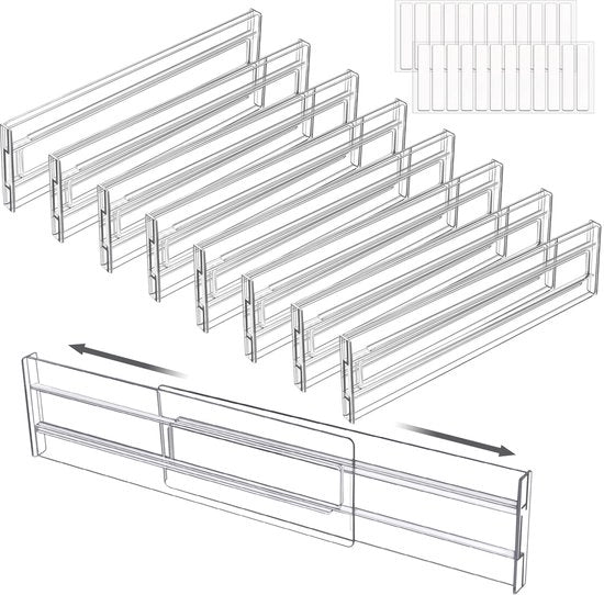 Verdelatori di carrello in plastica regolabili, 8 pezzi di verdelatori di carrello trasparenti, sistema di organizzazione di carrello, organizzatore di carrello per armadio, sottovesti, calze, organizzatore di scrivania