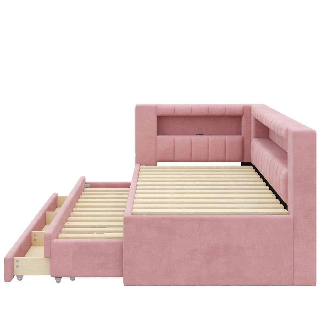 Letto imbottito rosa 90x200 con LED a 7 colori; USB e letto estraibile