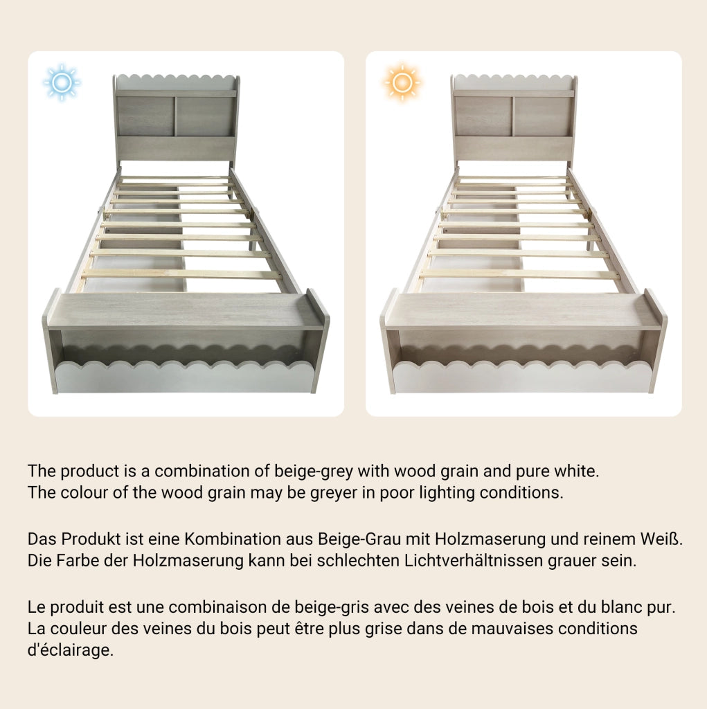 Letto singolo 90x190 cm con cassetti; ripiani e contenitore; in MDF e legno massiccio; bianco e rovere chiaro