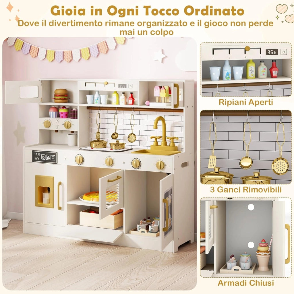 Cucina Giocattolo per Bambini, Set Cucina Gioco in Legno con Macchina per Ghiaccio, Caffettiera, Lavastoviglie e Accessori, Luci e Suoni, Regalo di Ruolo per Bambini 3+ Anni