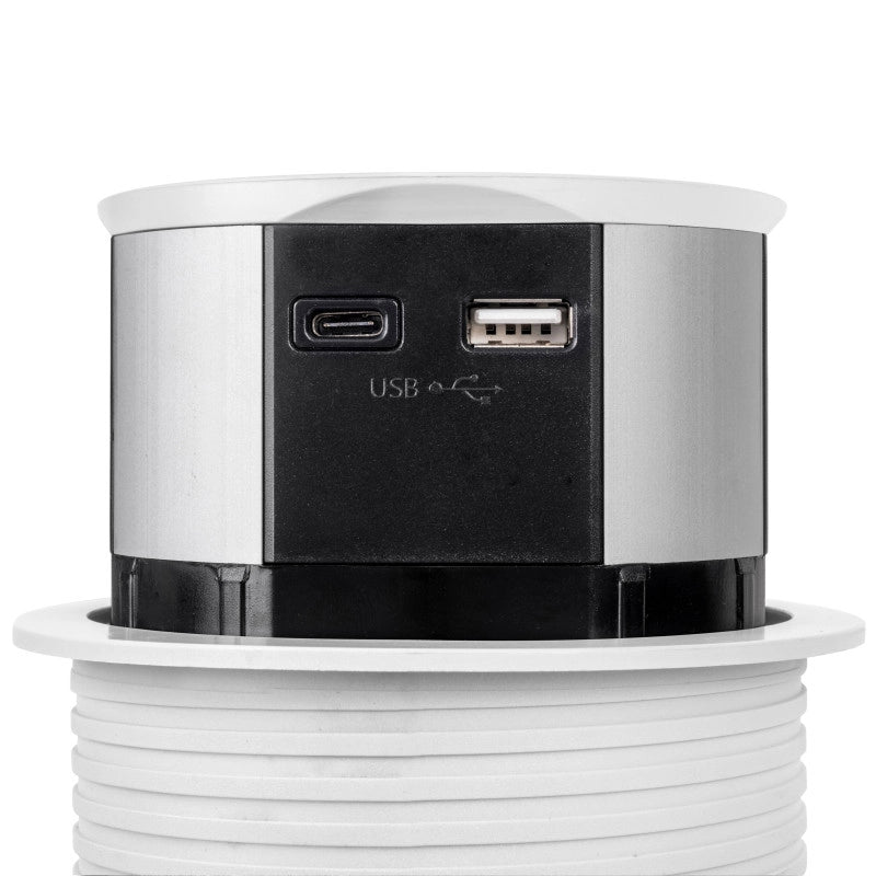 Multiconnettore Vertikal Push diametro 100mm, 3 spine di tipo Schuko, 1 USB tipo A, 1 USB tipo C, Acciaio e Tecnoplast..