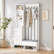 Appendiabiti da ingresso multifunzione con panca imbottita e pannello forato; bianco; H180x100x35 cm in MDF