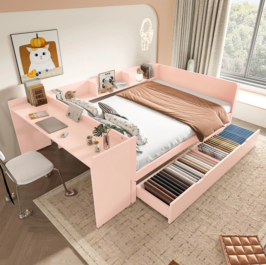 Letto 140x200 cm con scrivania; cassetti e ripiani in legno rosa