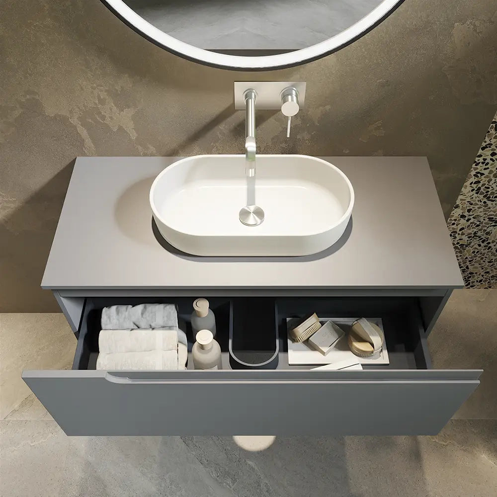 Mobile bagno sospeso 120 cm un cassetto color grigio opaco con top  | Moor