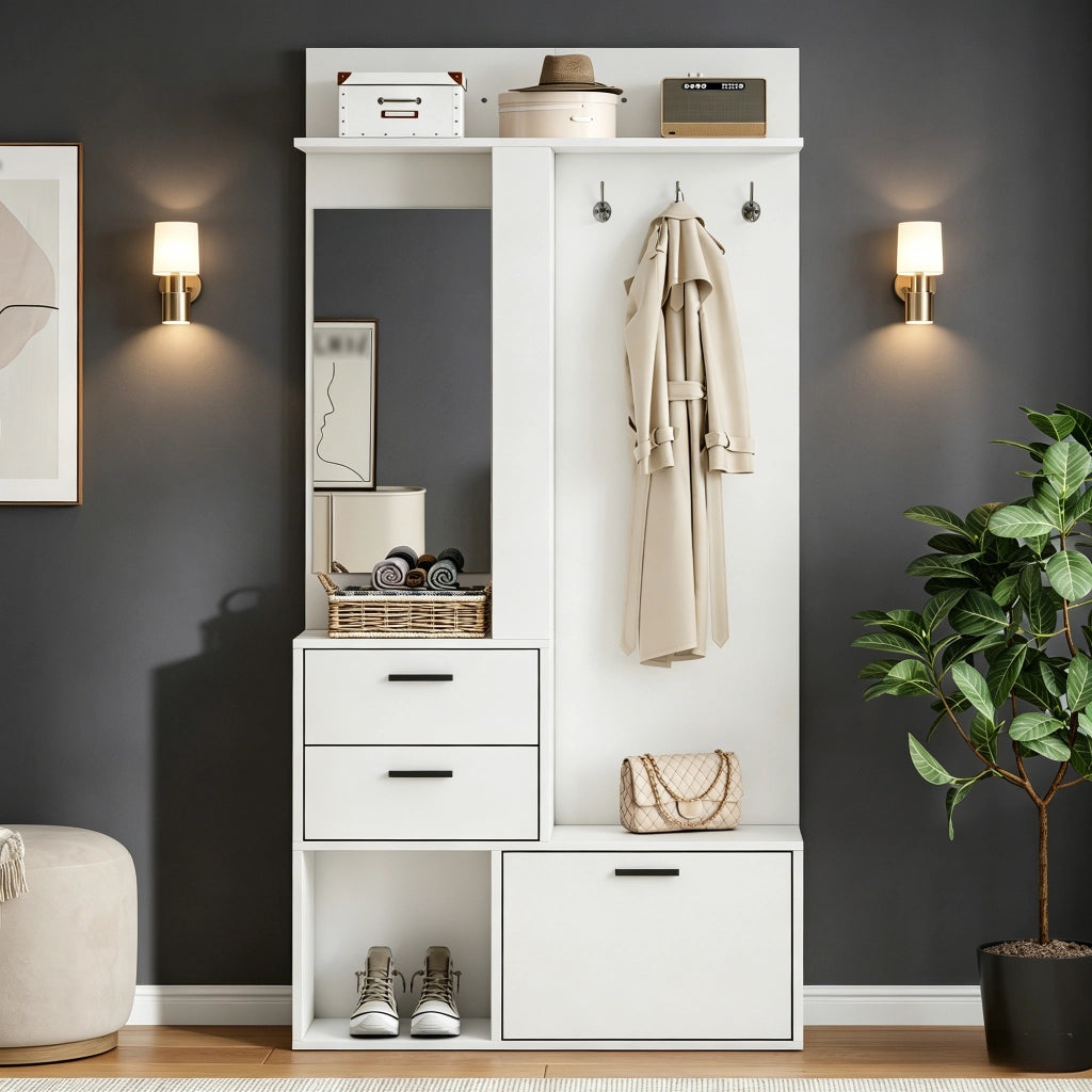 Armadio ingresso con 2 cassetti; 3 ganci; specchio; ripiani ribaltabili e 3 vani per ingresso e corridoio; bianco; 90 Ã— 30 Ã— 180 cm