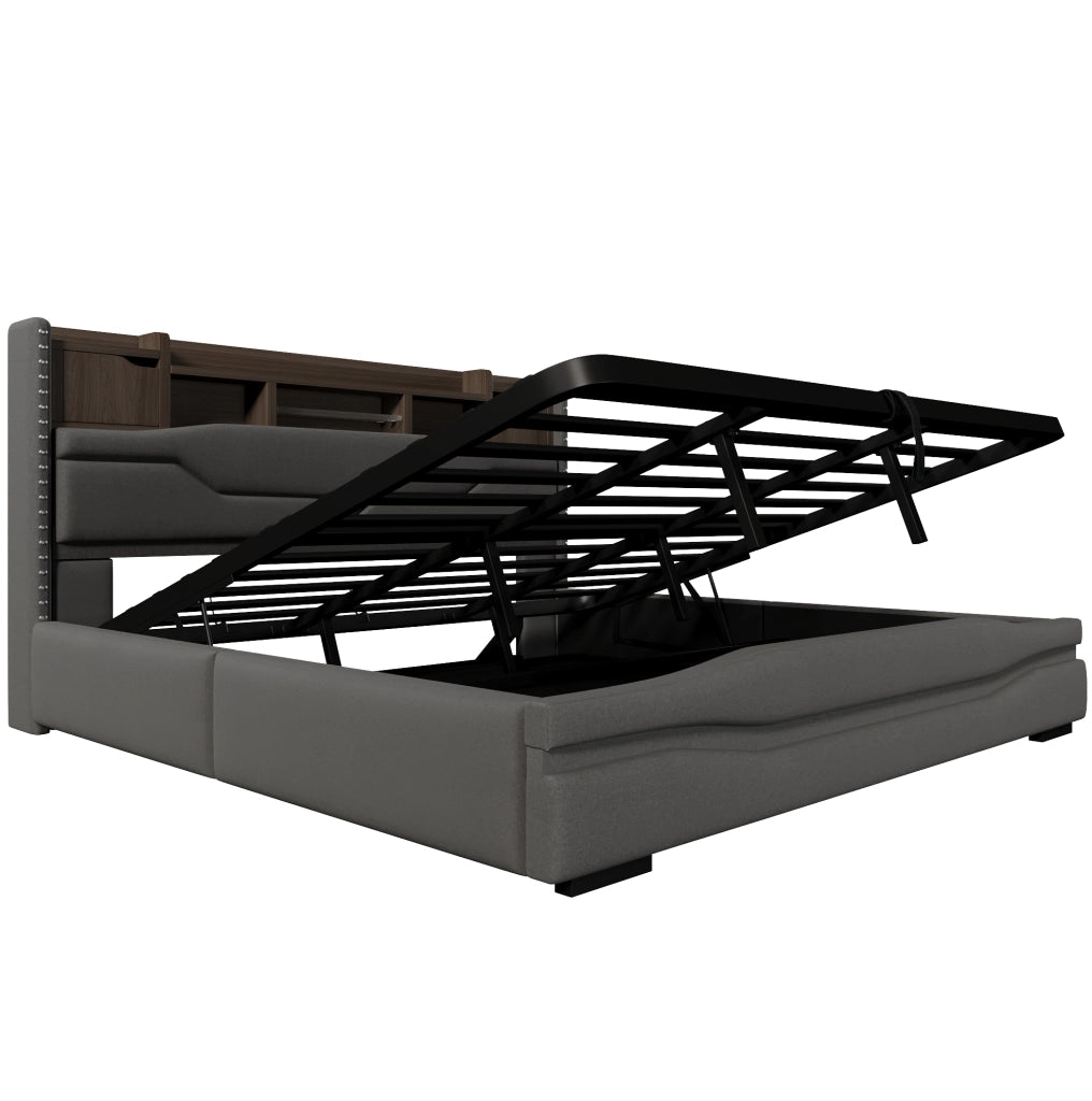 Letto contenitore 180x200 cm con LED, stazione di ricarica e testiera con vano