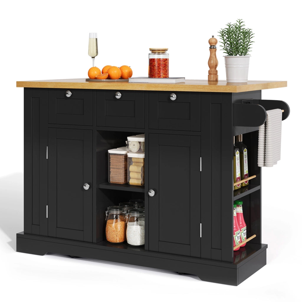 Isola da Cucina Mobile 132x40/70x87 cm Nero e Legno con Piano Ribaltabile; 3 Cassetti; Prese USB e Ruote