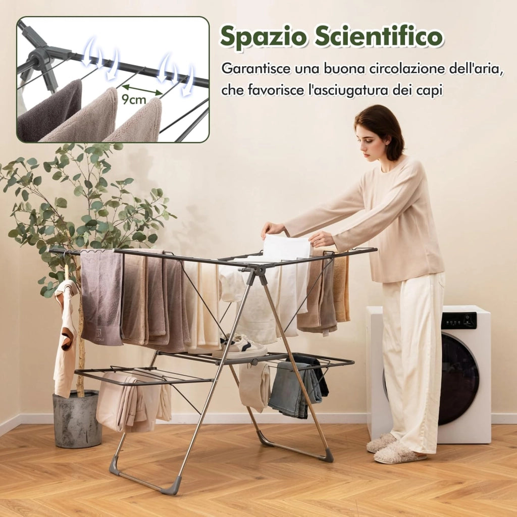 Stendibiancheria da Pavimento a 2 Piani Pieghevole con Ali Regolibili, Stendino in Acciaio Inox con Antiscivolo, Stendi Biancheria Salvaspazio per Interno ed Esterno, 141 x 58 x 130 cm, Grigio