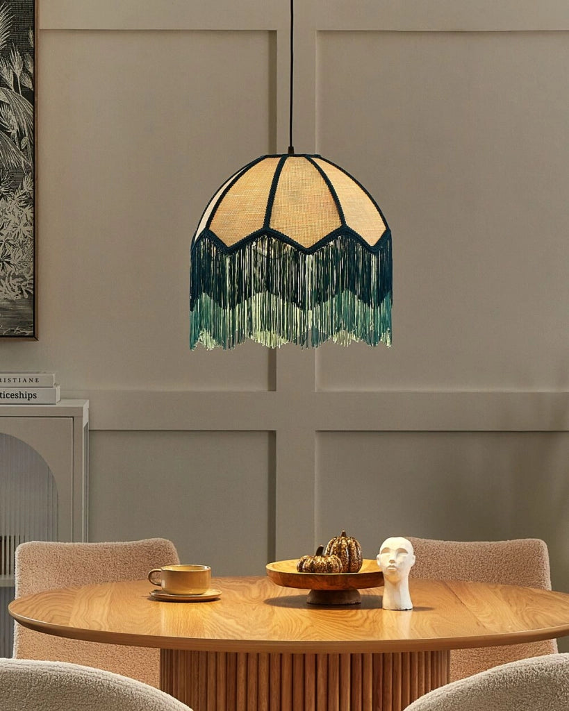 Lampada a sospensione Tessuto di carta blu 182 cm con frange e illuminazione a sospensione Retro Vintage