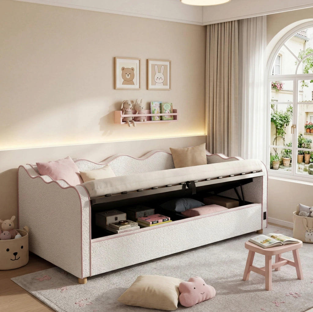 Letto da giorno imbottito 90x200 cm con contenitore idraulico e presa USB/Type-C