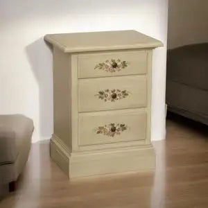 Comodino in legno Shabby chic 3 cassetti avorio anticato decorato a mano