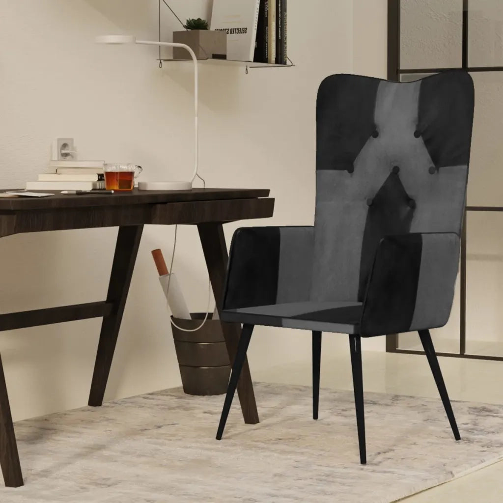 Poltrona Wingback Nera e Grigia in Vera Pelle 339662