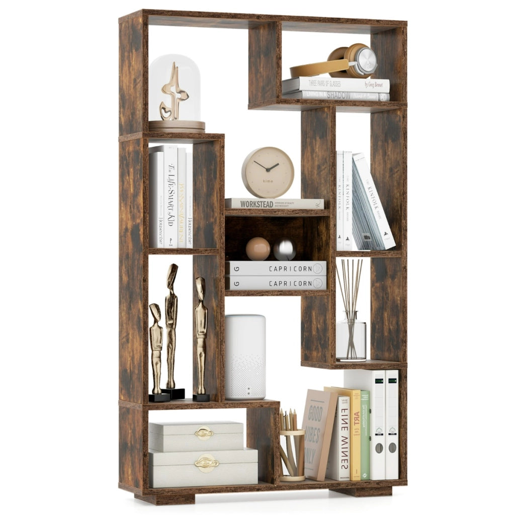 Scaffale per libri alto 120cm con ripiani aperti-Libreria geometrica con kit anti-ribaltamento per casa ufficio Marrone