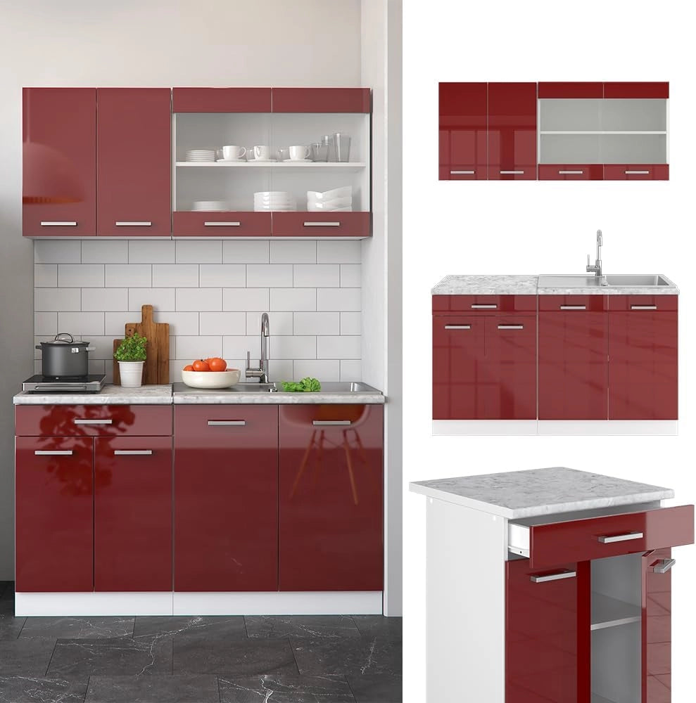 Cucina monoblocco R-Line, Rosso lucido, 140 cm senza piano di lavoro, adatto a spazi piccoli, espandibile in modo modulare