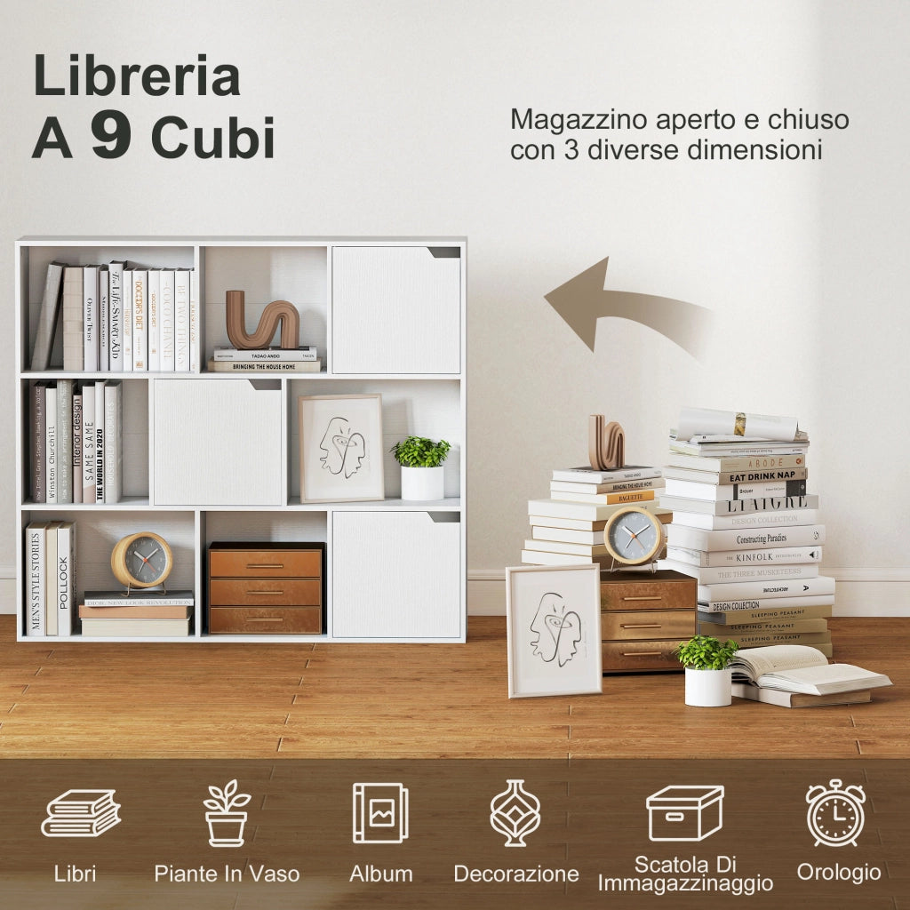 Libreria a Cubi con 6 Sezioni Aperte e 3 Chiuse. in Legno Bianco. 106x24x95 cm