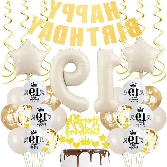 Decorazione di compleanno 19 anni con palloni beige per bambina o bambino - Decorazione di compleanno 19 anni con decorazioni cremisi dorate - Decorazione di compleanno boho 19 anni beige oro