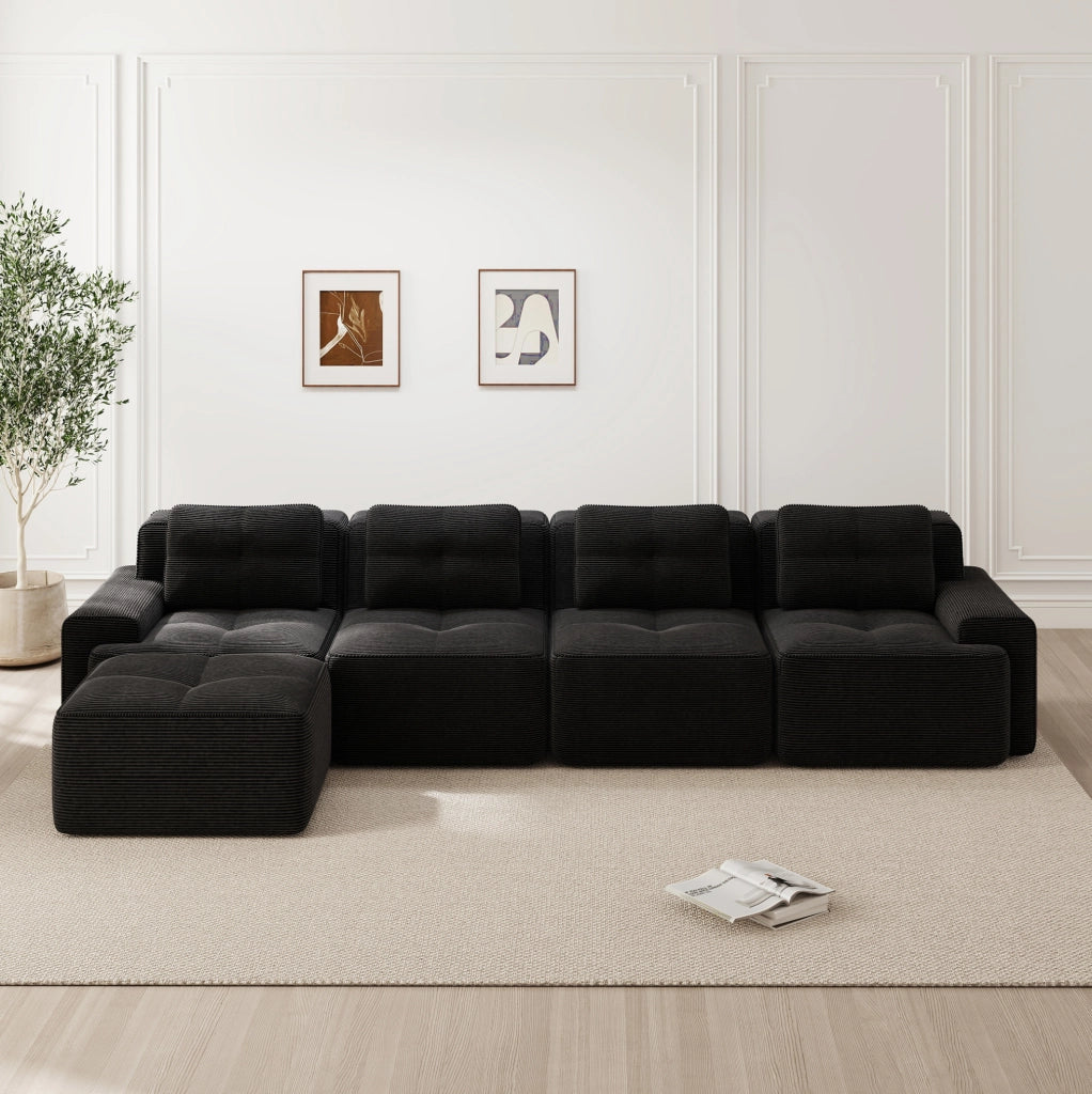 Divano modulare 4 posti in corduroy nero con seduta profonda 382x177x69 cm
