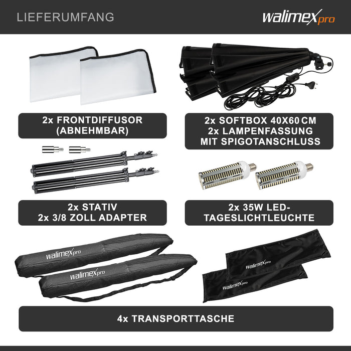 Set 2 Softbox rettangolari 40 x 60 cm con LED 35 W 2 Treppiedi per luci FT-8051 fino a 260 cm, luce diurna 5000 K per studio foto set fotografico