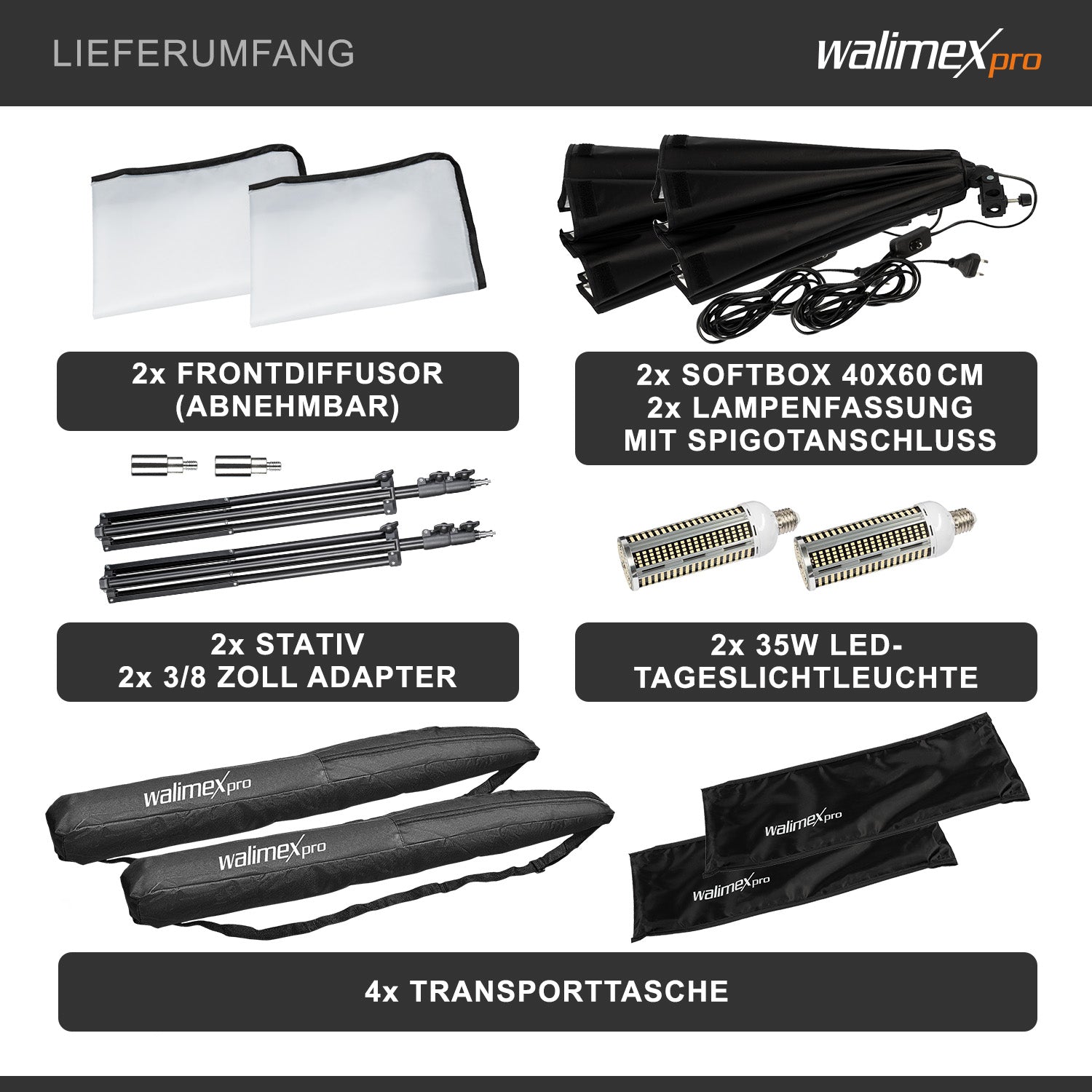 Set 2 Softbox rettangolari 40 x 60 cm con LED 35 W 2 Treppiedi per luci FT-8051 fino a 260 cm, luce diurna 5000 K per studio foto set fotografico