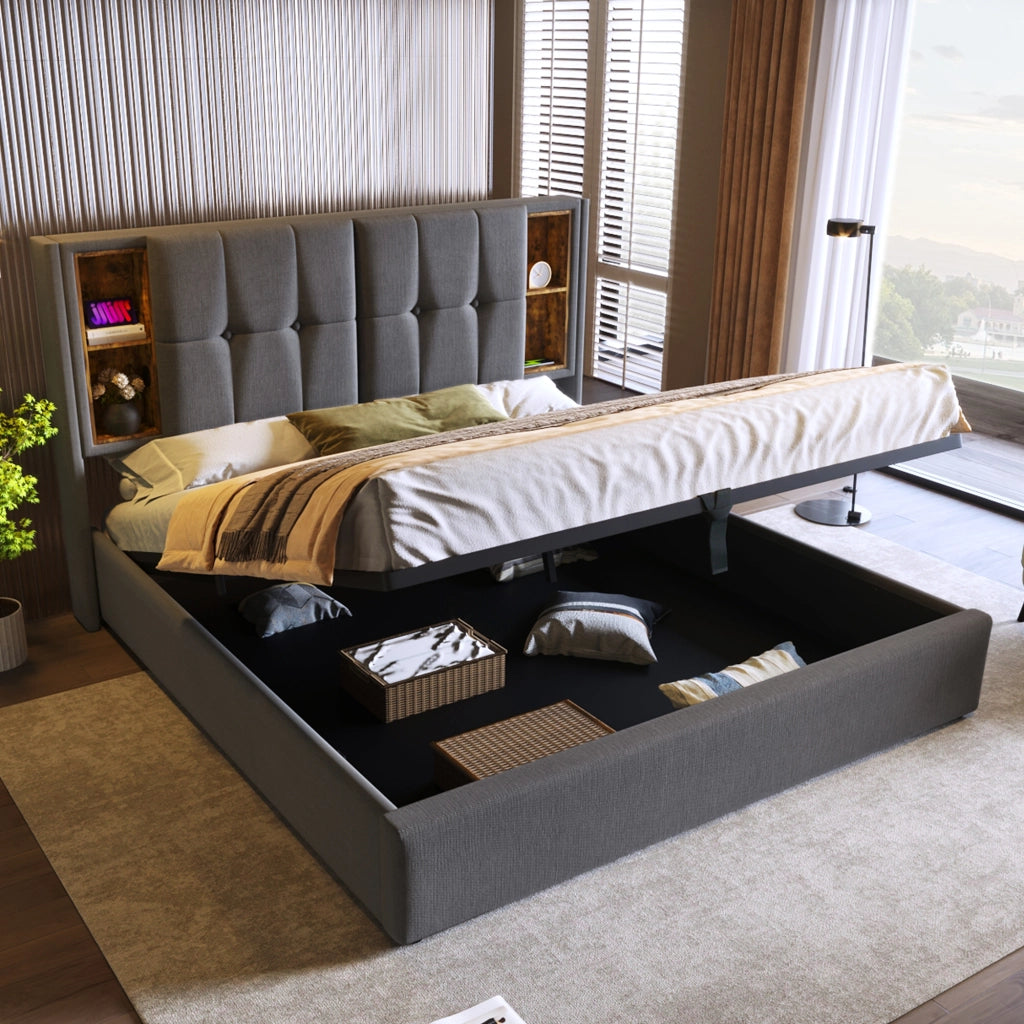 LETTO Imbottito 140x200 cm Grigio con ricarica wireless e USB