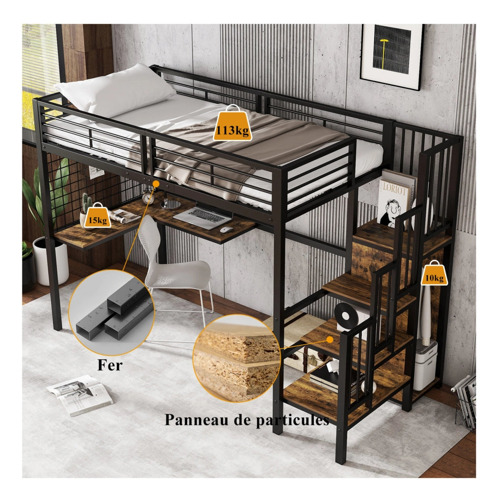 Letto a soppalco 90x200 cm con armadio integrato e scala laterale; MDF e metallo; nero noce scuro