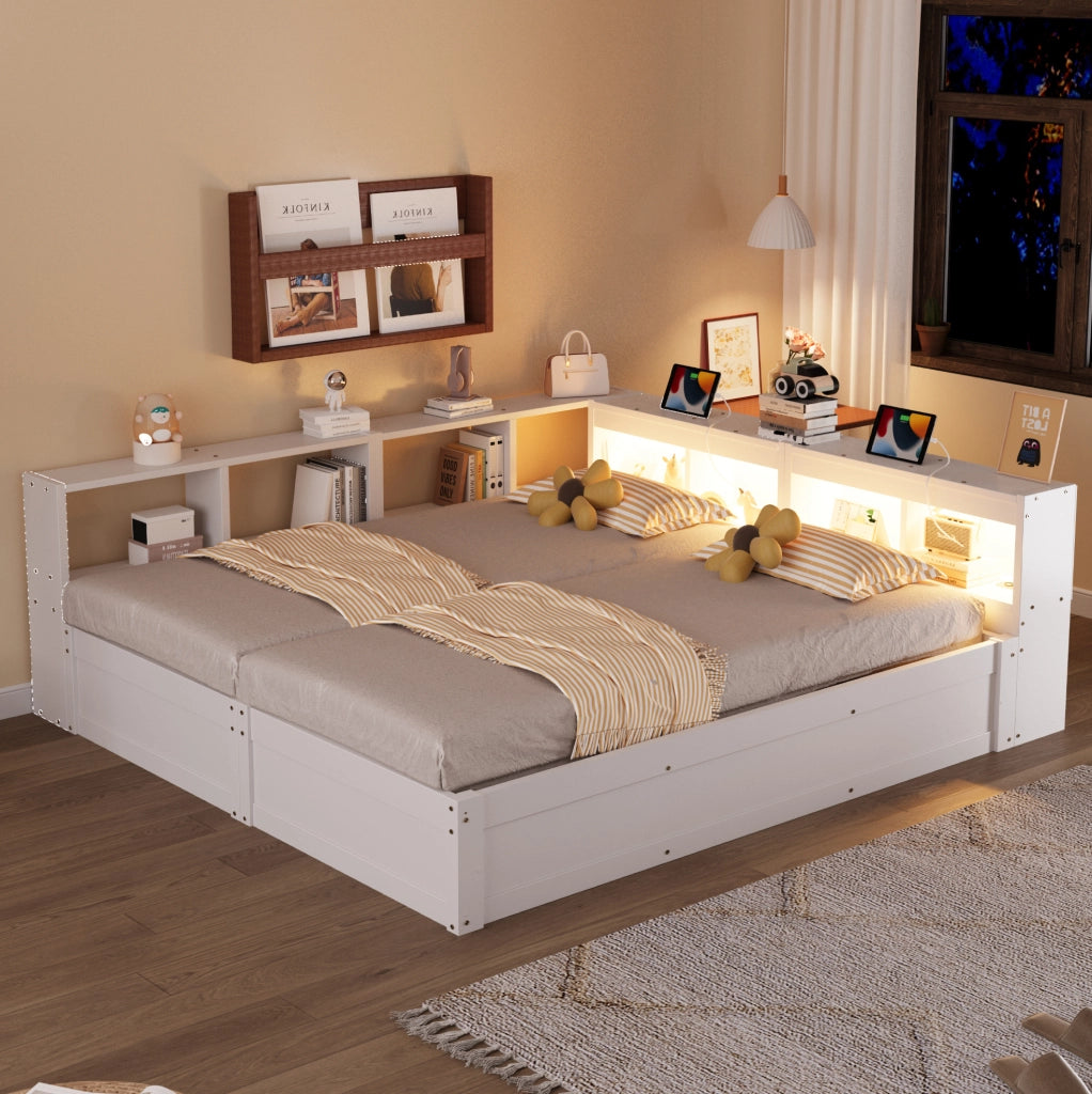 Letto multifunzione 90/180x200 cm bianco con prese integrate; LED e contenitore