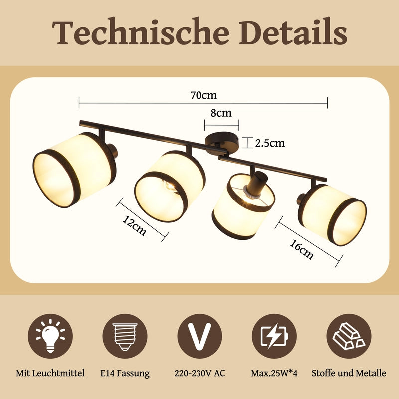 ZMH Faretto da soffitto neri 4 luci E14 tessuto vintage girevoli 350° per camera letto soggiorno cucina senza lampadina