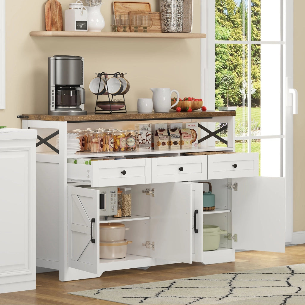 Credenza 140x35x95 cm Bianca e Marrone con 3 Cassetti; 2 Armadietti e Vano Aperto; Stile Country