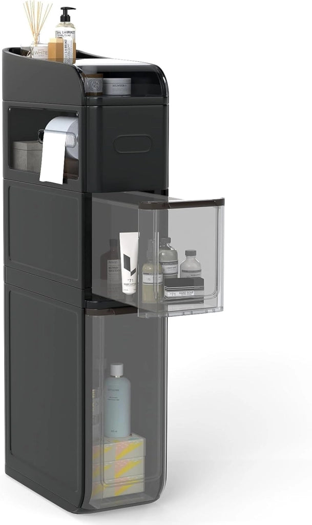 Mobile da Bagno a 4 Ripiani, Mobiletto Stretto da Pavimento con 2 Cassetti, Portafazzoletti e Ripiano Superiore, Armadietto Impermeabile in Plastica su Ruote per Camera da Letto (Bianco)