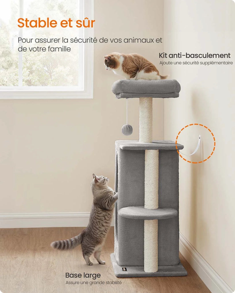 Tiragraffi piccolo con 2 nicchie e tiragraffi 45 x 35 x 101 cm per case con più gatti grigio chiaro 12_0006910