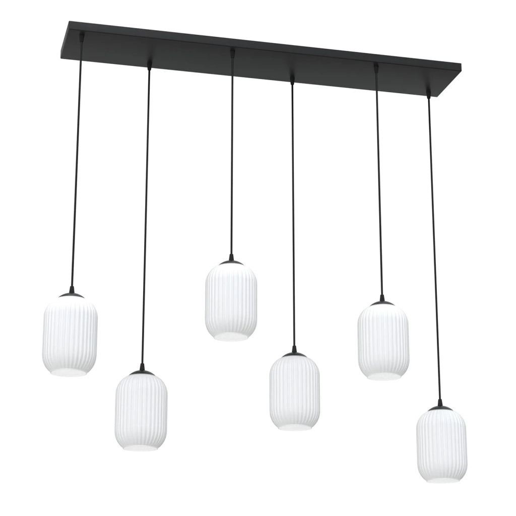 Lampadario 6 Luci Selene In Acciaio Nero E Vetri Plissettati Bianchi