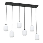 Lampadario 6 Luci Selene In Acciaio Nero E Vetri Plissettati Bianchi