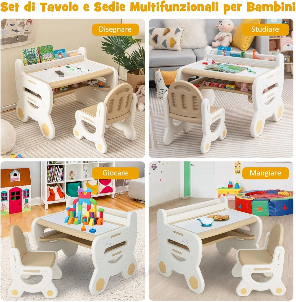 Set Tavolo e sedia per Bambini, Tavolo per Bambini con Sedia, Tavolo da Disegno Cancellabile e Ripiano, per Disegnare, Leggere, Giocare, Ideale per Bambini 3-8 Anni (Brown)