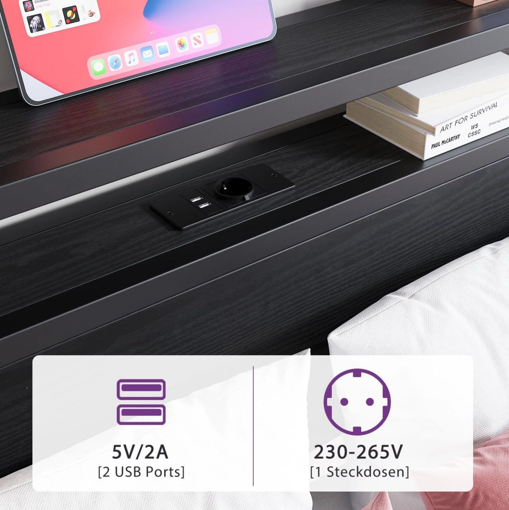 Letto ULEVR 140x200 cm in metallo e MDF nero con testiera a 2 ripiani, USB e presa integrata