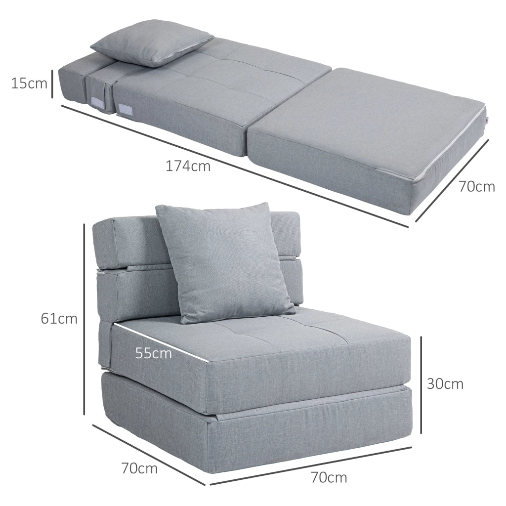 Poltrona letto pieghevole 2 in 1 con funzione letto e cuscino in schiuma grigio chiaro per salotto e camera