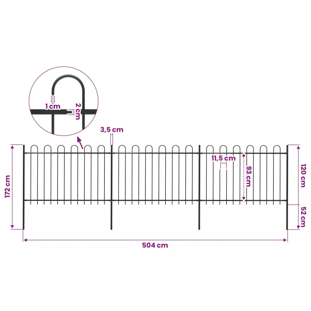Recinzione da Giardino con Parte Superiore ad Anello in Acciaio 504x120 cm Nera 277667