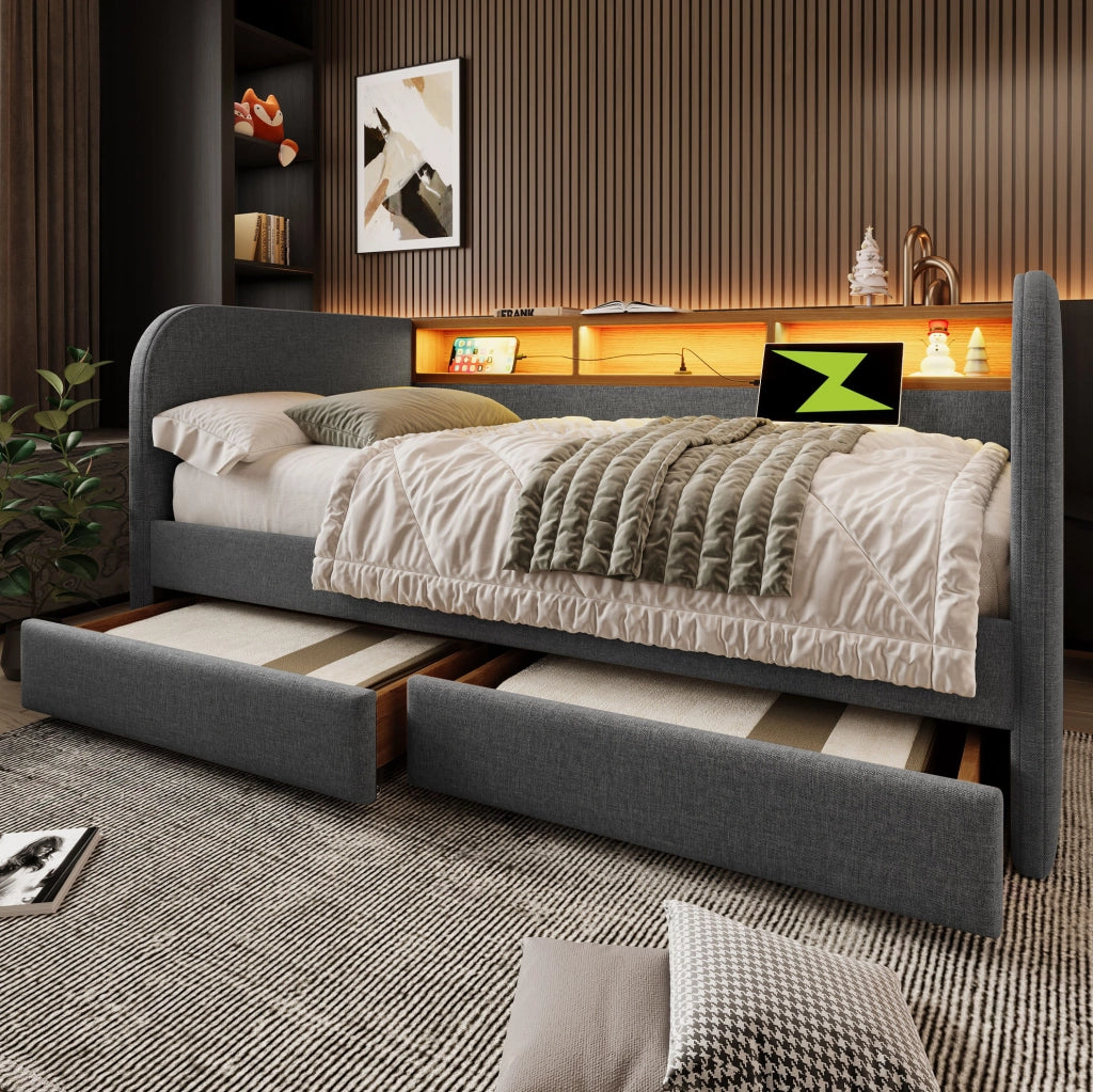 Letto imbottito 140x190 cm con LED, USB-C, 2 cassetti e rivestimento in lino grigio