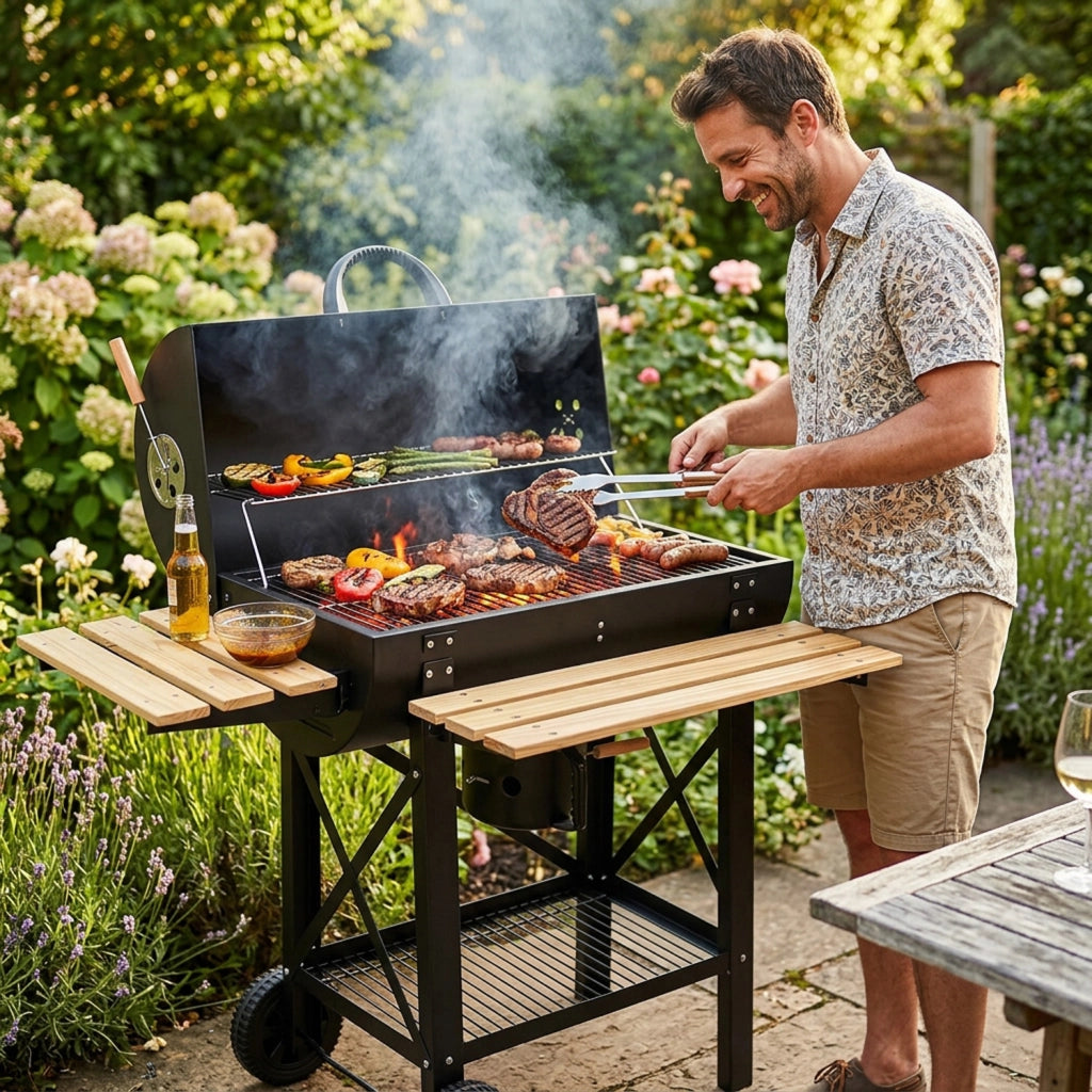 Barbecue A Carbone Con Coperchio E Ripiani Laterali BBQ Grill Da Giardino Con Griglia Rialzata Scaldavivande Struttura In Acciaio Ruote E Cassetto Raccogli Cenere 110 x 70.5 x 101.5 Cm Nero