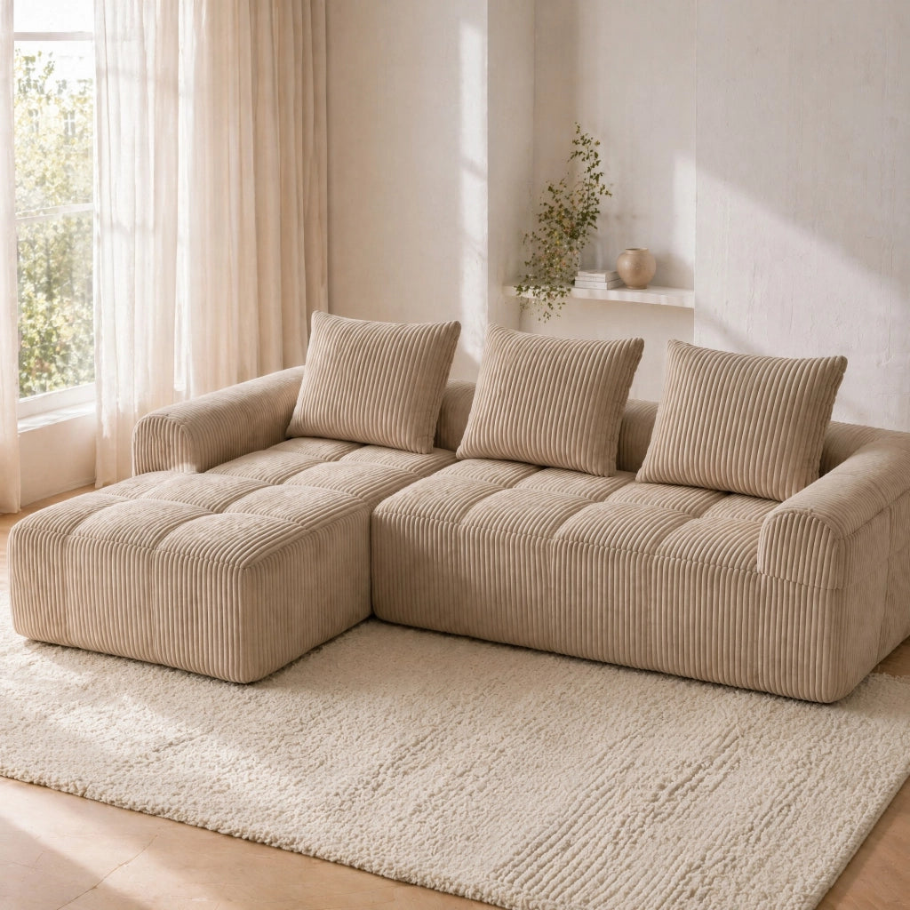 SOFA Modulare in Cord 253x158x61 cm Khaki con tasche laterali, portabicchieri e 3 cuscini
