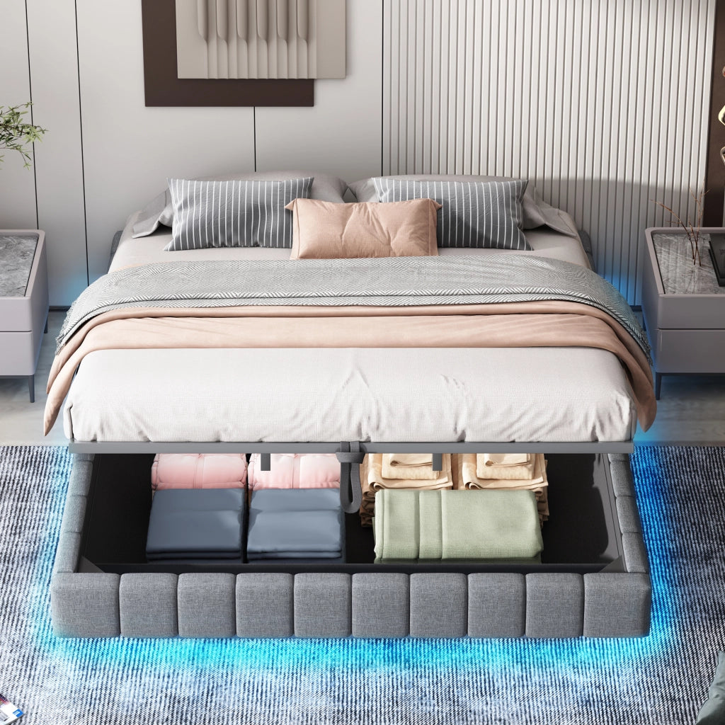 Letto Contenitore 180x200 cm con LED e scomparto nascosto in tessuto imbottito Grigio