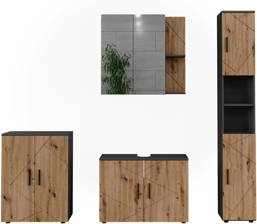 Set di mobili da bagno Irma, Antracite/Artisan, 80 cm, composto da mobile sottolavabo, specchiera e mobile medio