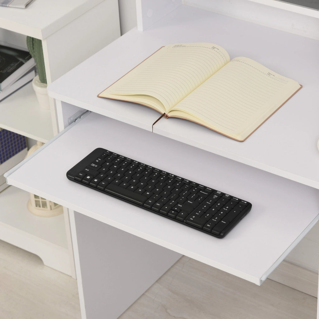 Scrivania per Computer Compatta in Legno Bianco con Ripiano Tastiera e Mensole ¨C zephmum ¨C 104x48x95.5cm