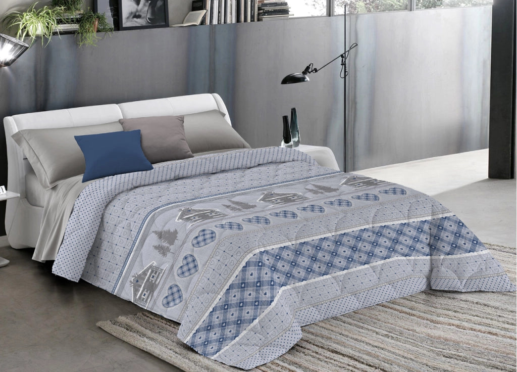 Trapunta Piumone Caldo Invernale Linea Pensieri Delicati Disegno Chalet - Singolo - Blu