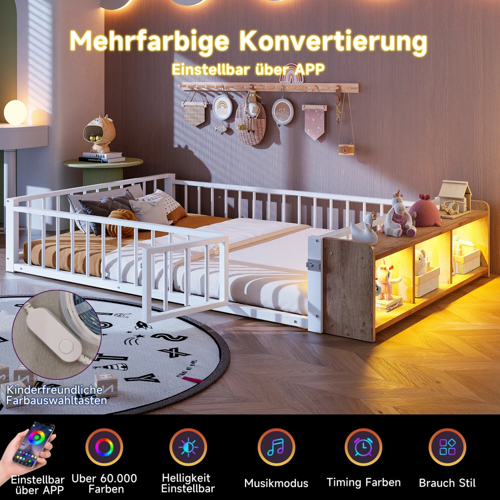 Letto per bambini in metallo 140x200 cm con protezione laterale; ripiano aperto e luci LED; bianco