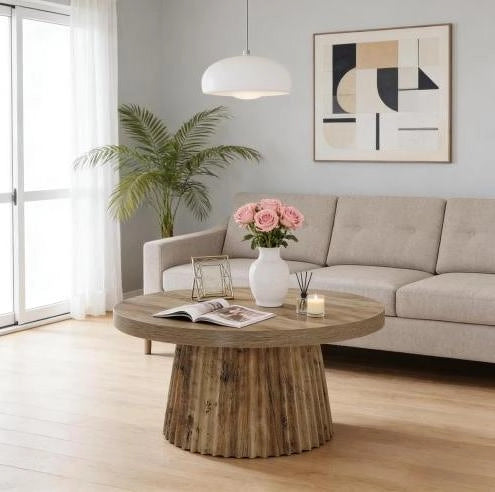 Tavolino da caffè rotondo ? 80 cm in MDF marrone con base a colonne scanalate