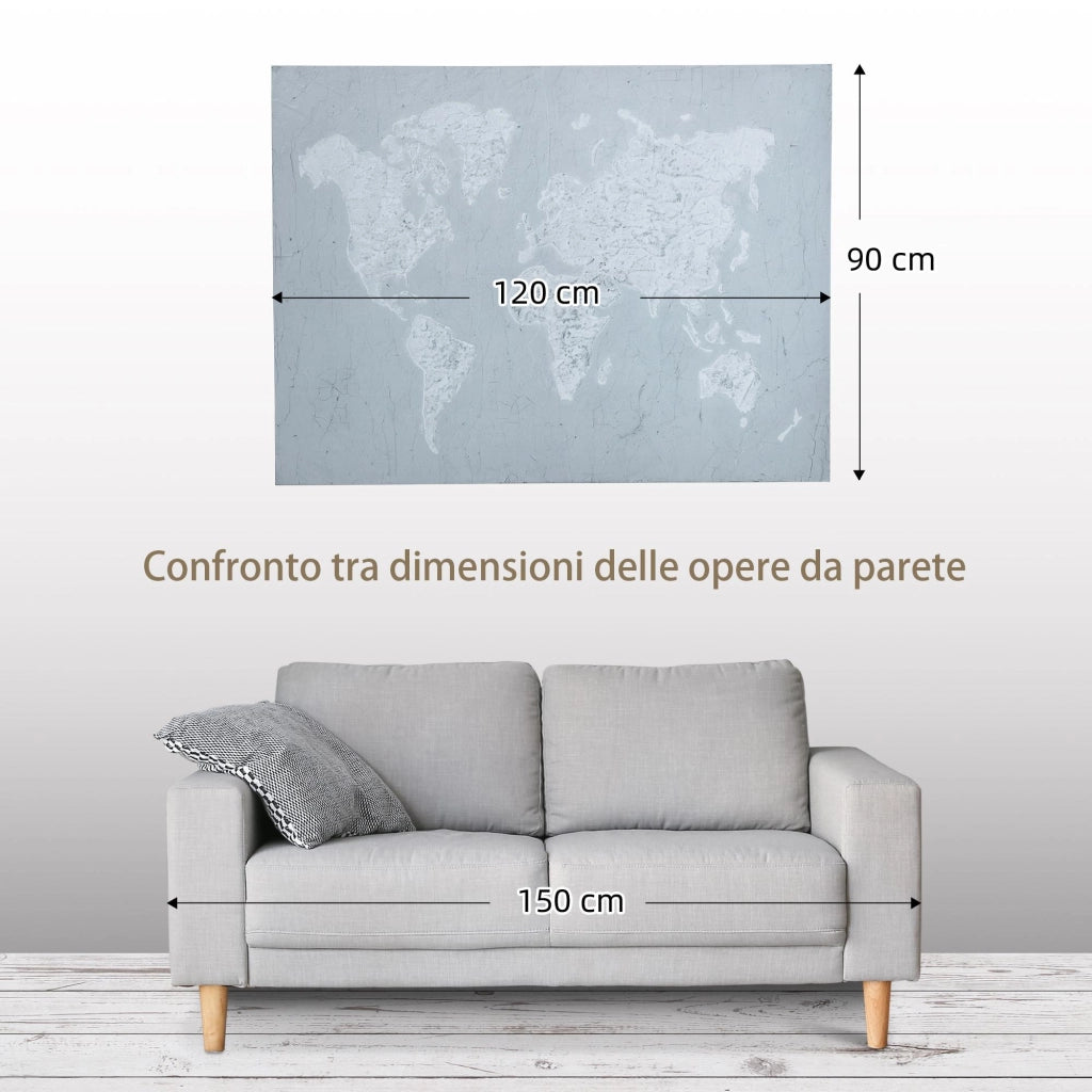 Stampa su Tela Mondo 120x90 cm in Legno di Pino Grigio e Bianco