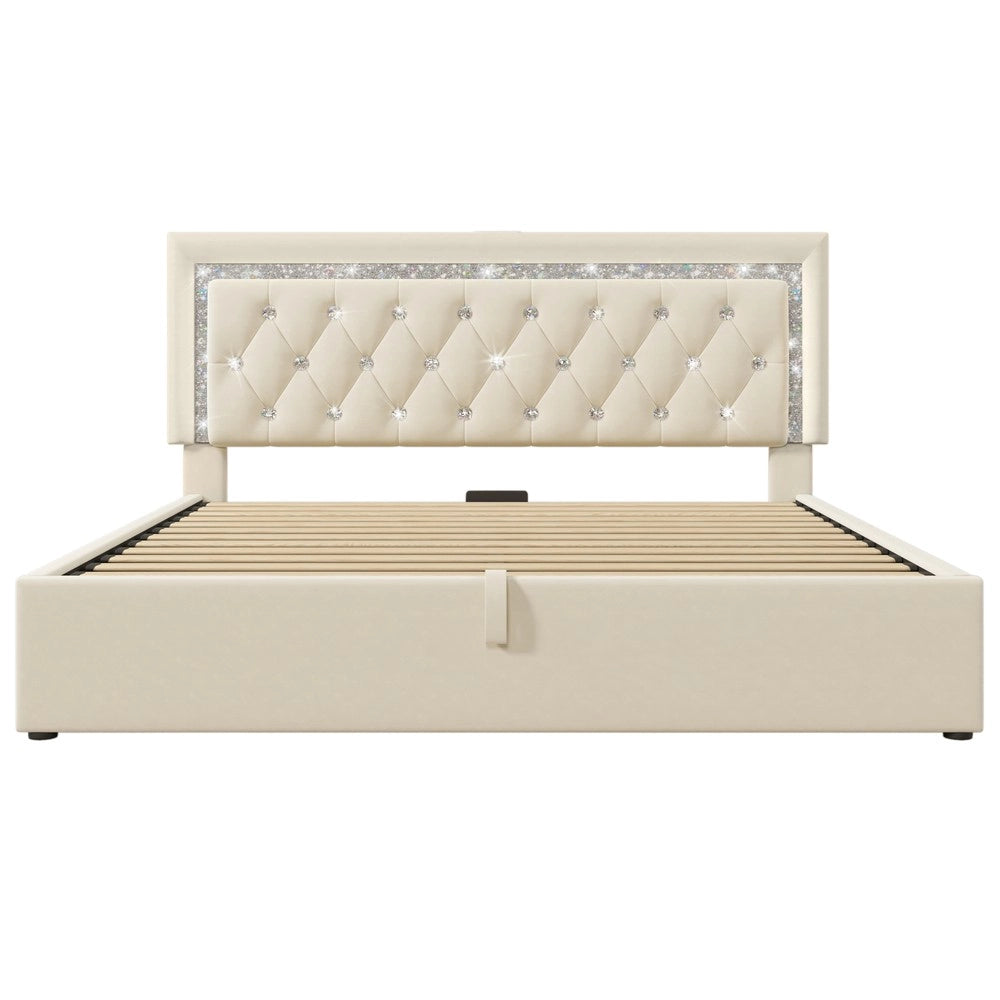 Letto Imbottito Contenitore 140x200 Velluto con LED, USB, Idraulico e Doghe ¨C MINIMAL ¨C Beige