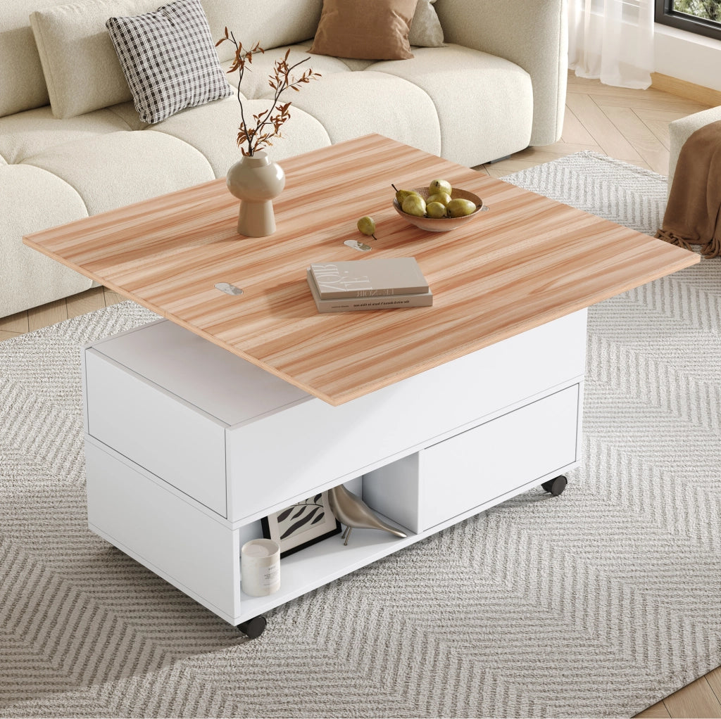Tavolino elevabile con ruote e 4 cassetti bianco rovere