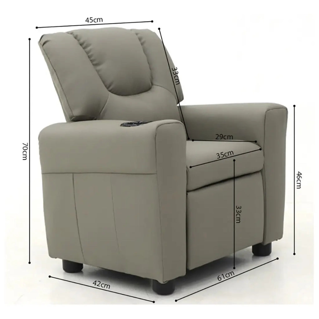 Poltrona relax ITCHI reclinabile manualmente in materiale PU di colore grigio.