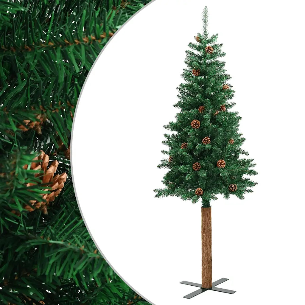 Albero di Natale Sottile con Legno Vero e Pigne Verde 210cm PVC